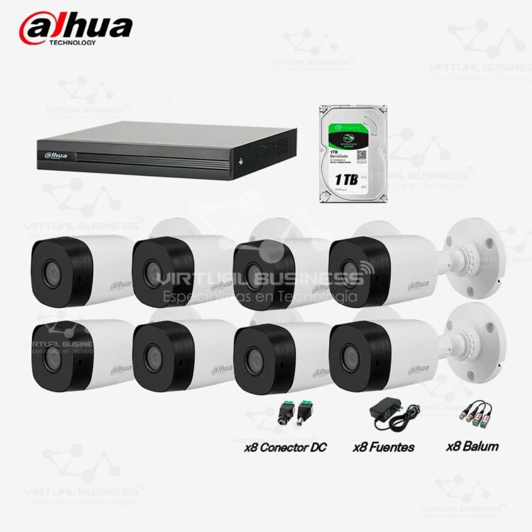 KIT DAHUA SISTEMA DE SEGURIDAD 1080P 8 CÁMARAS 8 CANALES 1 SATA 1TB